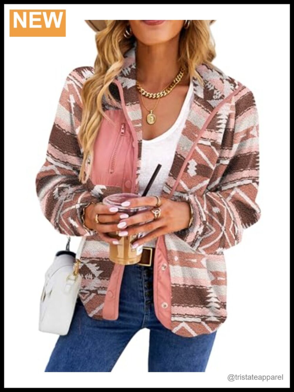 Womens Aztec Print Fleece Snap Button Jacket Warm Polyester Coat